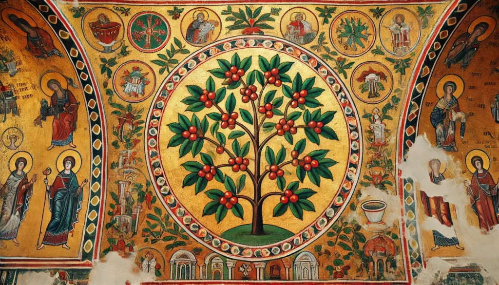 Byzantine-style illustration of a coffee tree with green leaves, red cherries, and white flowers.
