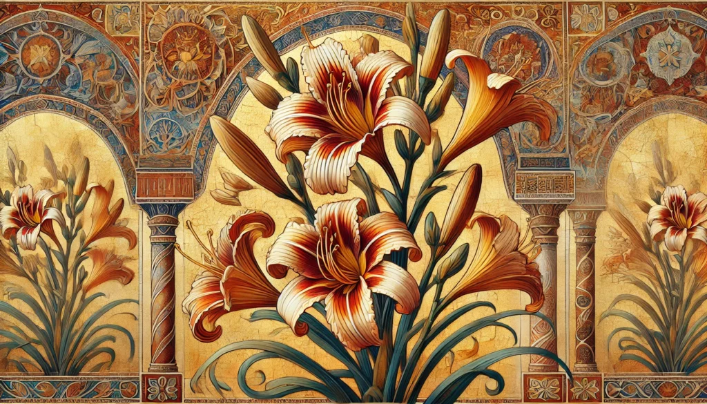 Byzantine-style illustration of day lilies with intricate patterns