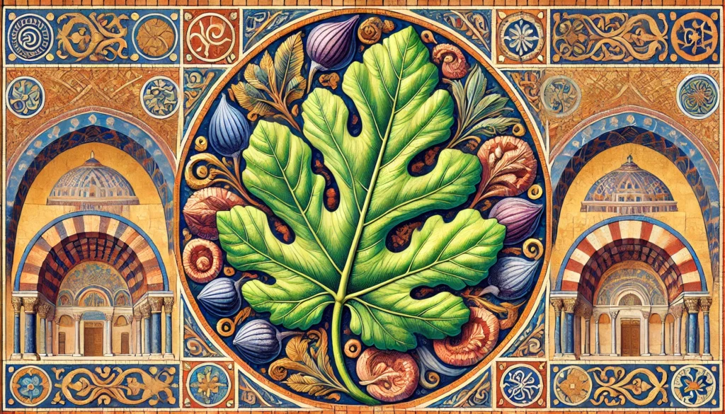 Byzantine art style depiction of a Fiddle-Leaf Fig plant with large, glossy, fiddle-shaped leaves