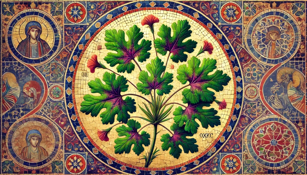 Geranium-Leaf Aralia plant illustrated in Byzantine Art style