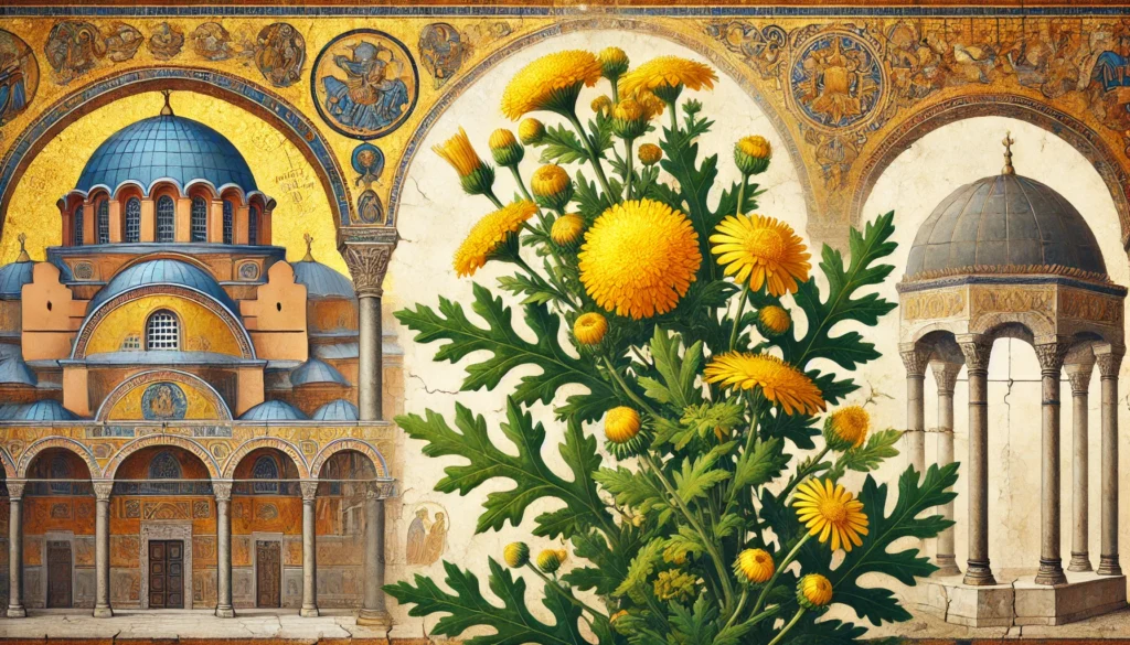 Golden Ragwort plant in Byzantine art style
