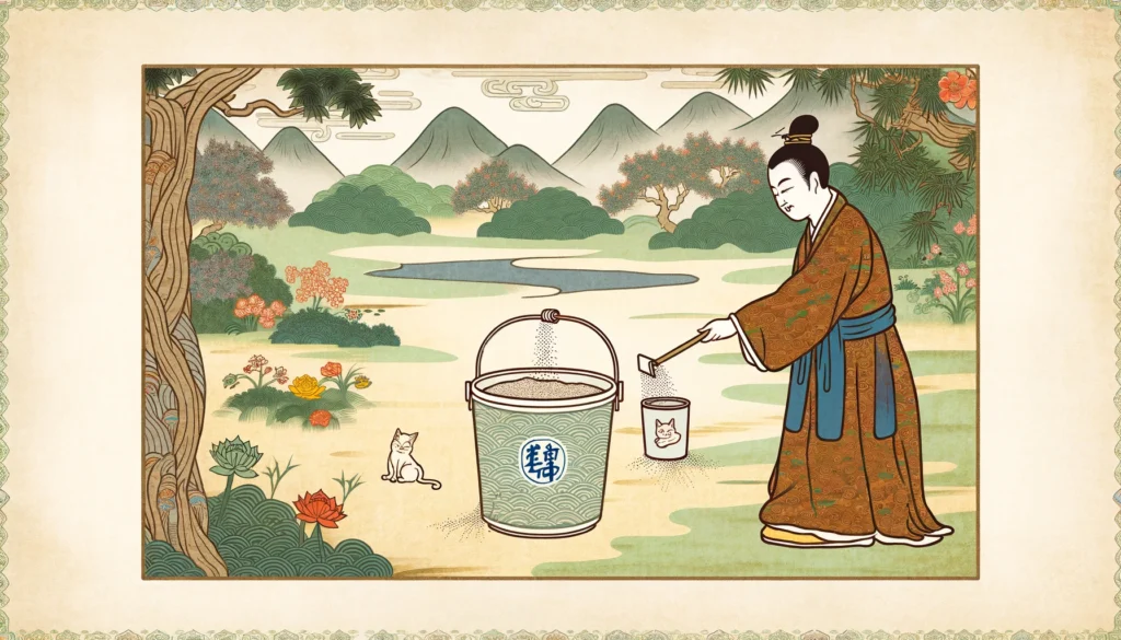 Ming Dynasty-style cartoon image showing how to open a Tidy Cats litter bucket.