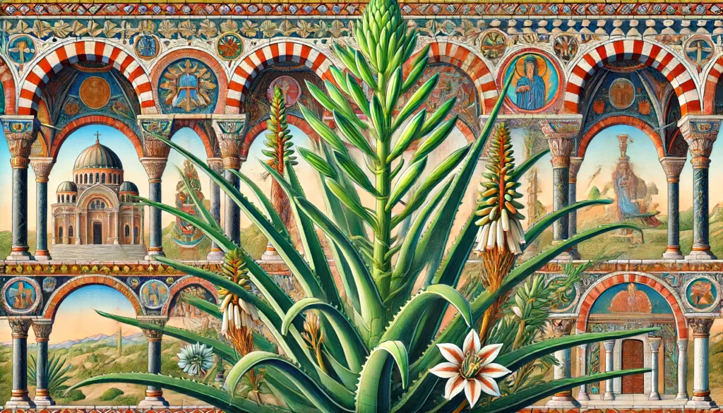 Barbados Aloe in Byzantine art style with intricate mosaics and architecture.