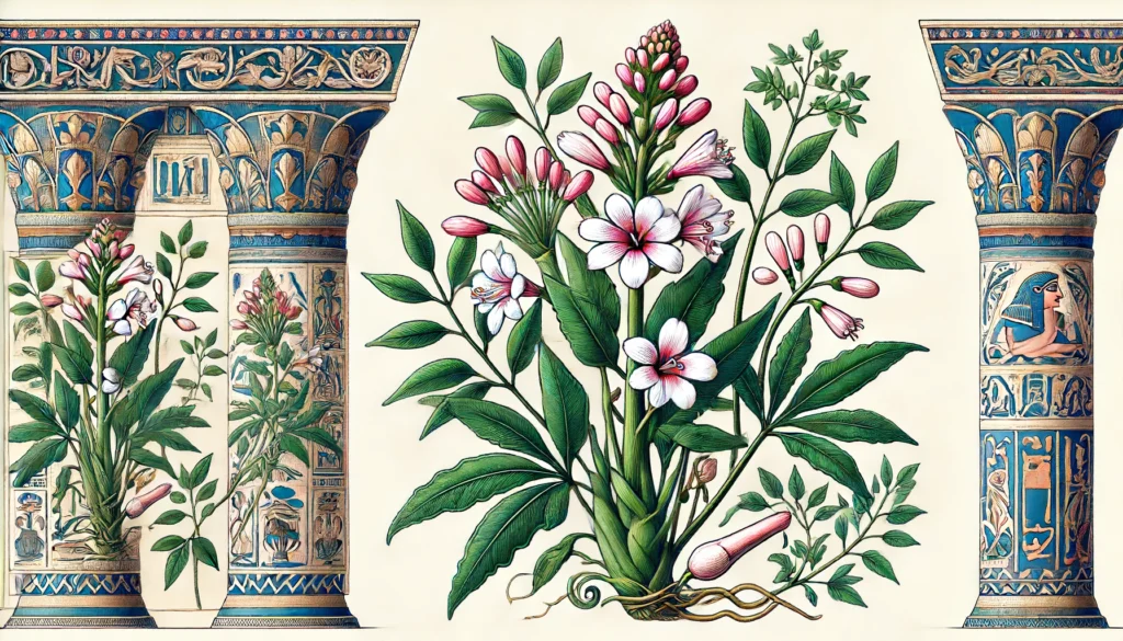 Ancient Egyptian Ptolemaic style illustration of Bitter Root.