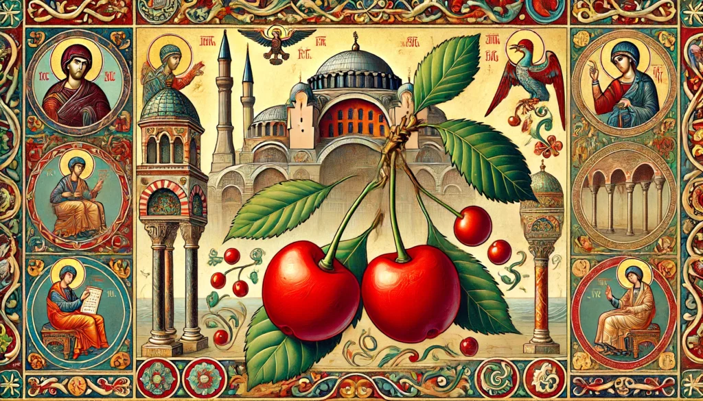 Byzantine-style illustration of cherries with bright red color and green leaves