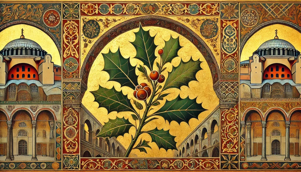 Byzantine Art Style Illustration of a European Holly Plant