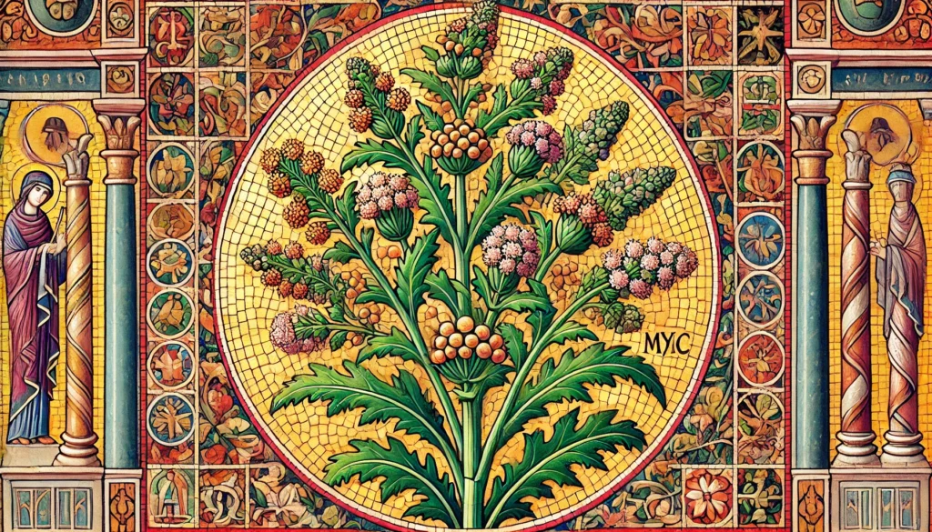 Byzantine art style depiction of a Figwort plant with clusters of small, tubular flowers and broad leaves