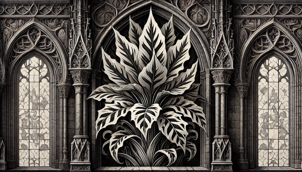 Gothic-style illustration of a Marble Queen plant with intricate, variegated leaves.