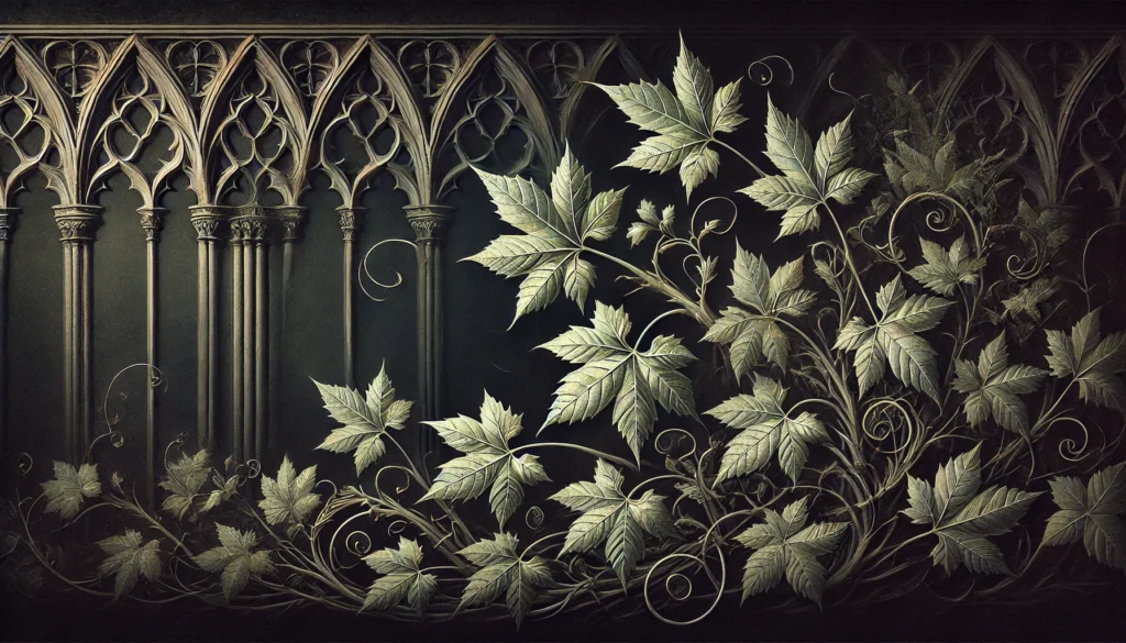 Gothic-style artistic depiction of Needlepoint Ivy (Hedera helix) with intricate detailing.
