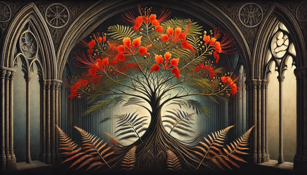 Gothic-style artistic depiction of a Poinciana tree (Delonix regia) with intricate detailing.