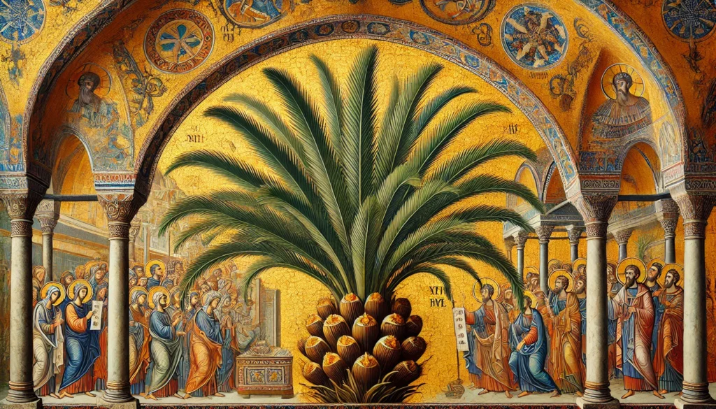 Byzantine-style illustration of a coontie palm with feathery green leaves and cone-like structures.