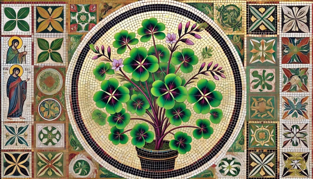 Byzantine-style illustration of a Good Luck Plant with green leaves and dark purple markings, featuring mosaic patterns and gold accents.