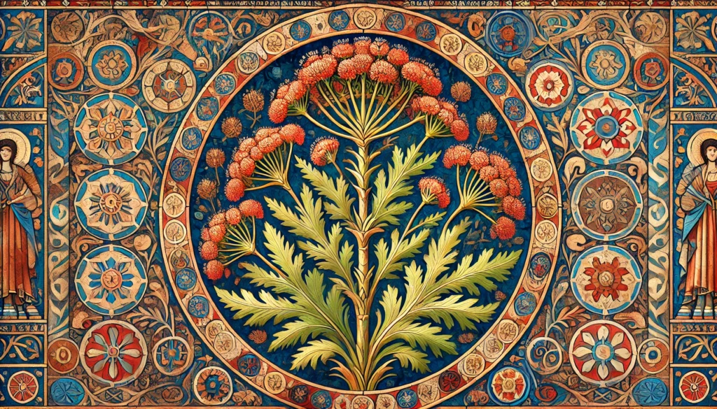 Byzantine art style illustration of a Greater Ammi plant with intricate patterns and a mosaic-like background