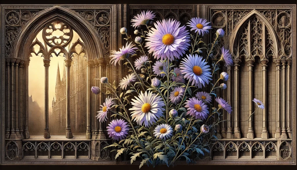Gothic-style artistic depiction of a Showy Daisy (Erigeron speciosus) with intricate detailing.