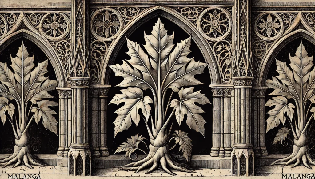 Gothic-style illustration of a Malanga plant with large, ornate leaves.
