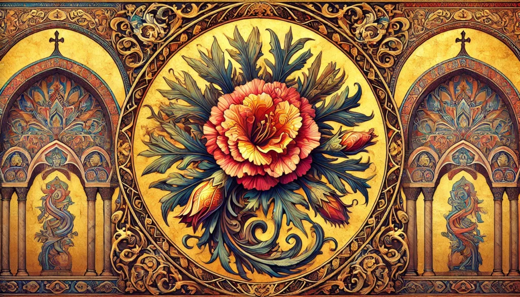 Byzantine-style illustration of a Desert Rose with intricate patterns