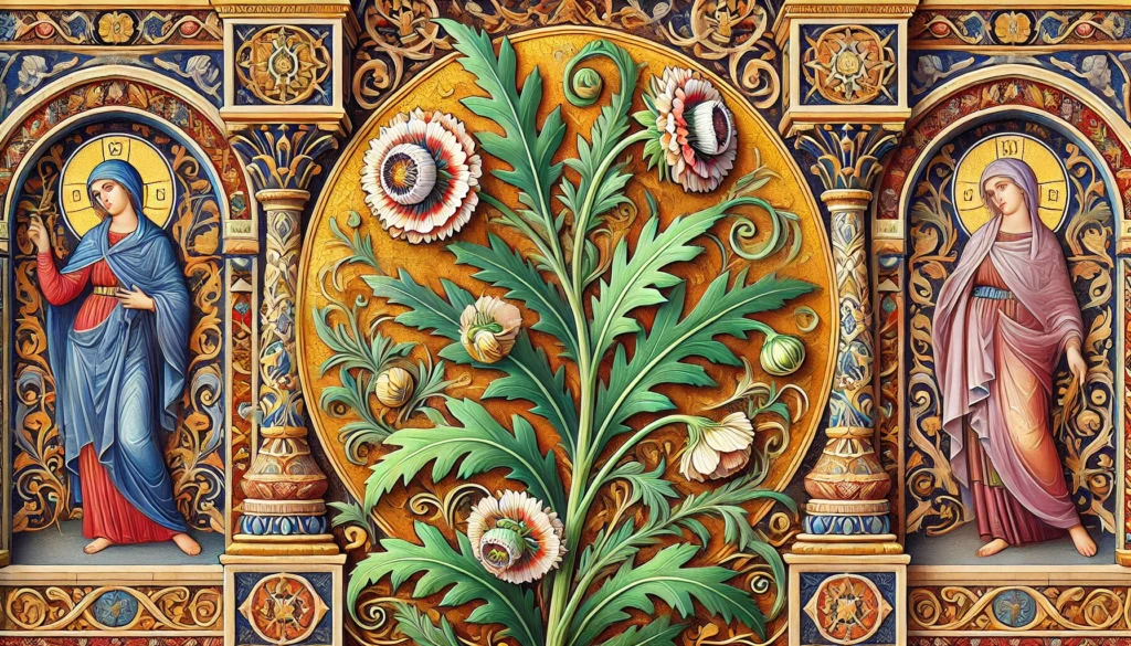 Byzantine-style illustration of Everlasting Pea plant.