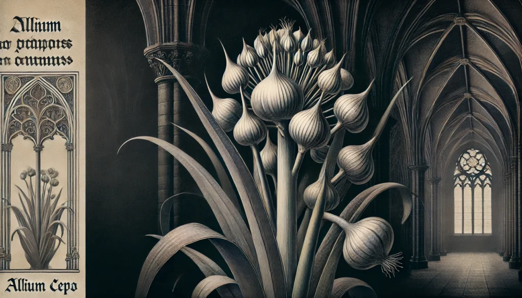 Gothic-style artistic depiction of an Onion plant (Allium cepa) with intricate detailing.