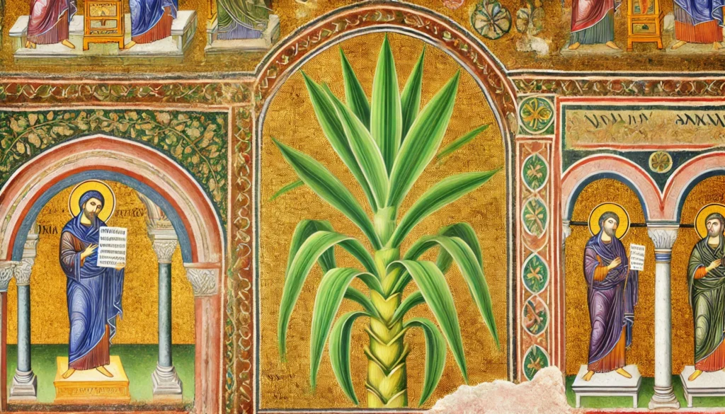 Byzantine-style illustration of a Dracaena fragrans plant with tall green stalks and broad green leaves with yellow stripes.