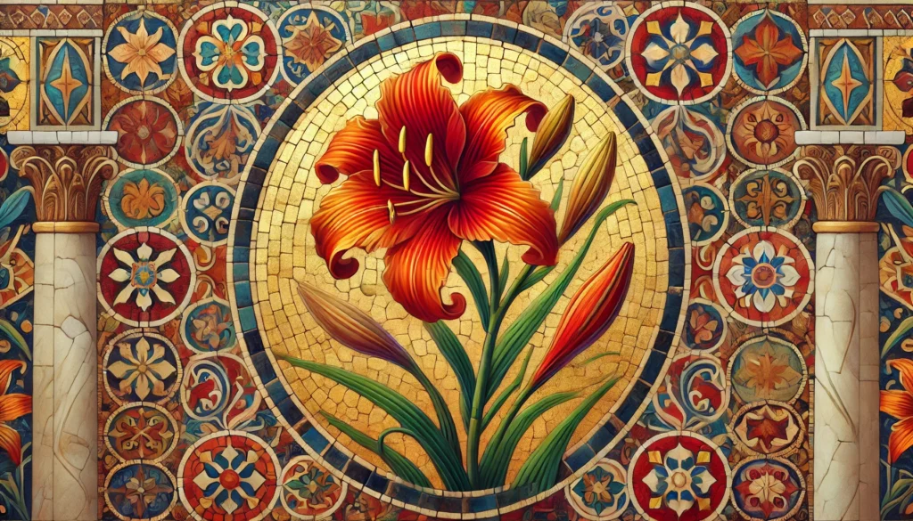 Fire Lily depicted in Byzantine art style, with intricate details and a rich color palette