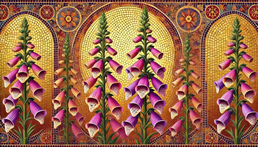 Byzantine-style illustration of a Foxglove with purple and pink flowers