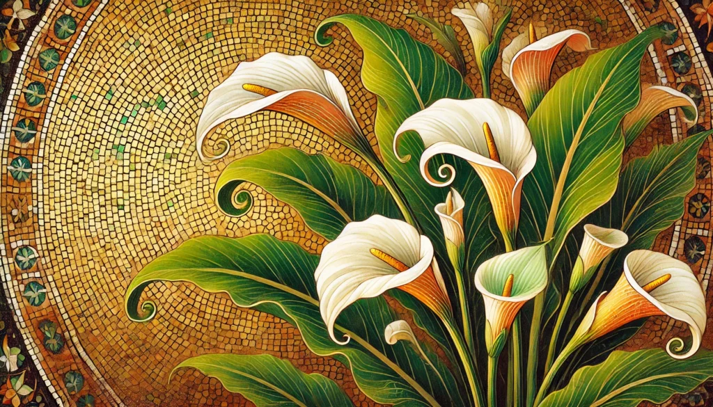 Byzantine-style illustration of a Garden Calla with white flowers and green leaves