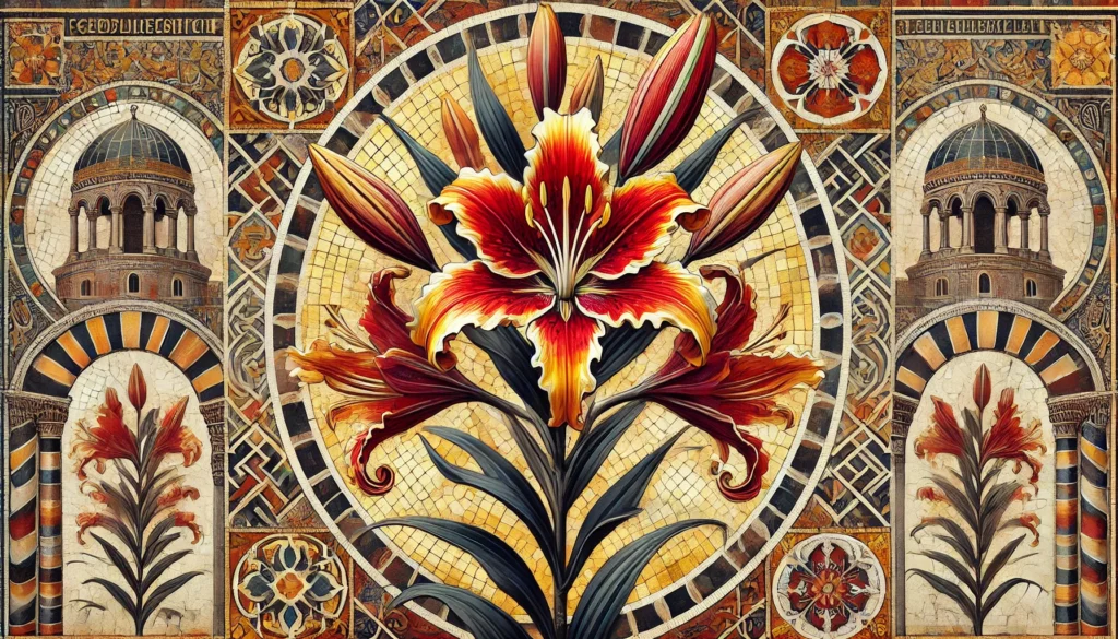 Gloriosa Lily depicted in Byzantine art style with intricate patterns.