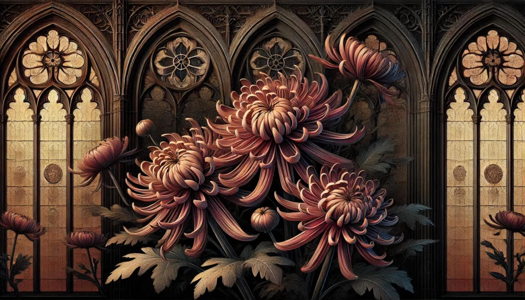 Gothic-style artistic depiction of mums (chrysanthemums) with intricate detailing.