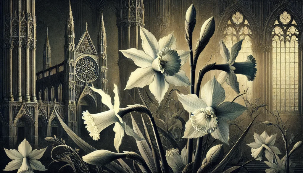 Gothic-style artistic depiction of a Narcissus plant (daffodil) with intricate detailing.