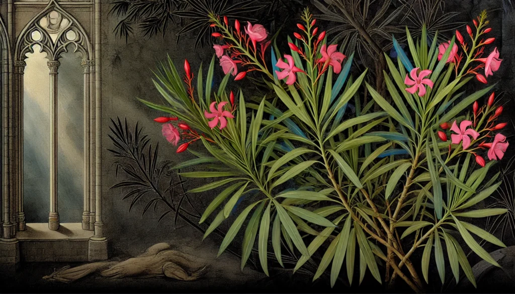 Gothic-style artistic depiction of an Oleander plant (Nerium oleander) with intricate detailing.