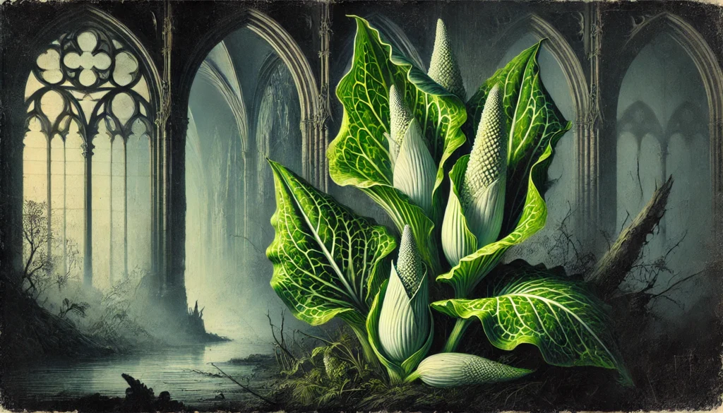 Gothic-style artistic depiction of a Skunk Cabbage plant (Symplocarpus foetidus) with intricate detailing.