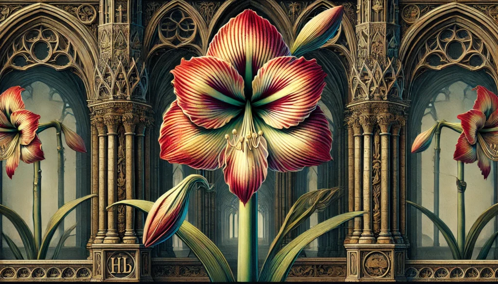 Gothic-style illustration of an Amaryllis Lily of the Palace with intricate medieval architectural elements in the background.