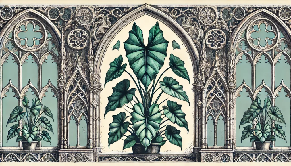 Gothic-style illustration of a Heartleaf Philodendron plant