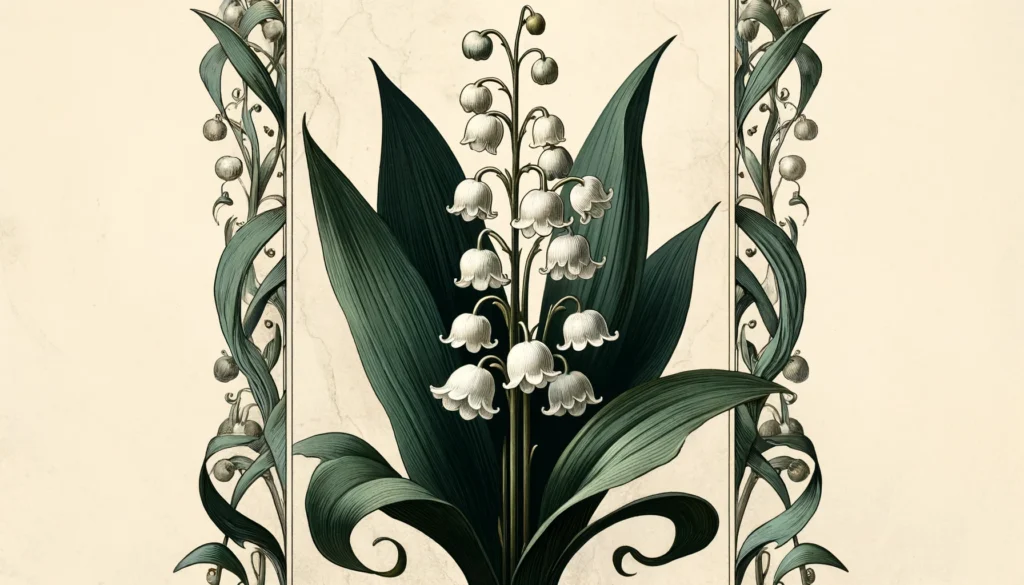 Gothic-style illustration of a Lily of the Valley plant with white bell-shaped flowers and green leaves.