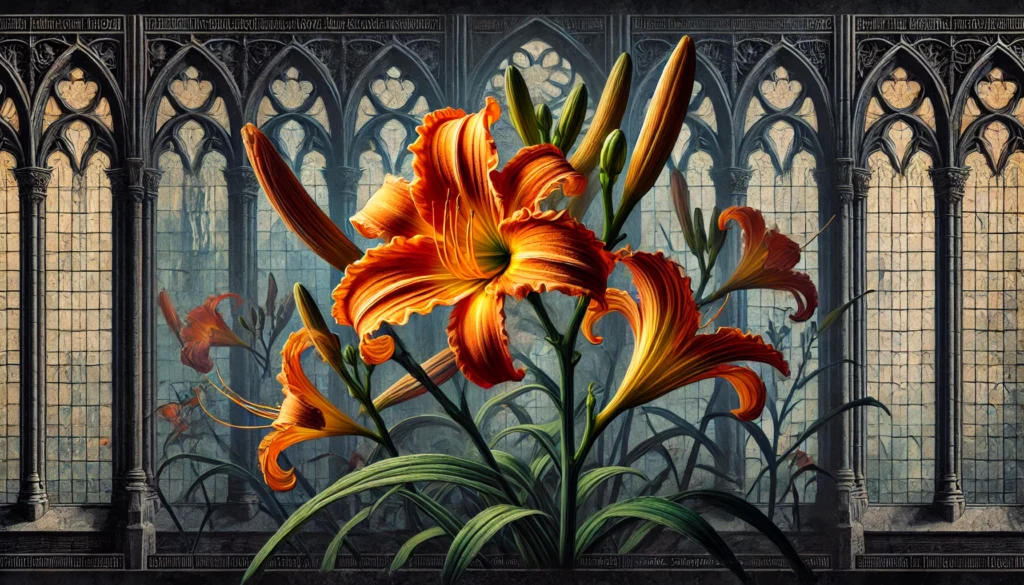 Gothic-style artistic depiction of an Orange Day Lily (Hemerocallis fulva) with intricate detailing.