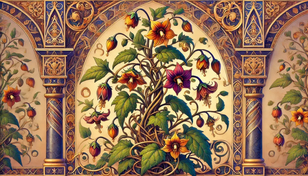Illustration of a Climbing Nightshade plant in Byzantine Art style