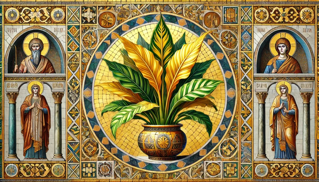Gold Dieffenbachia depicted in Byzantine art style with intricate patterns.