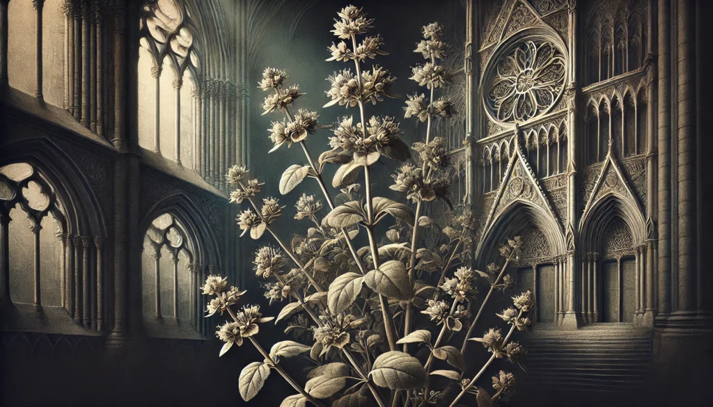 Gothic-style artistic depiction of an Oregano plant (Origanum vulgare) with intricate detailing.