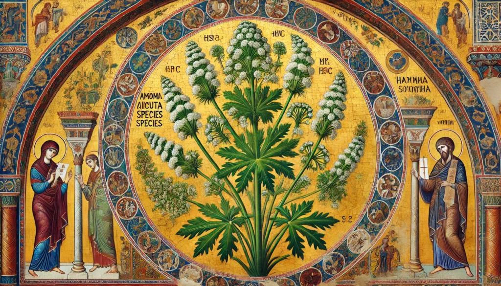 Byzantine-style illustration of a Cicuta species plant with tall green stalks, compound leaves, and clusters of small white flowers.