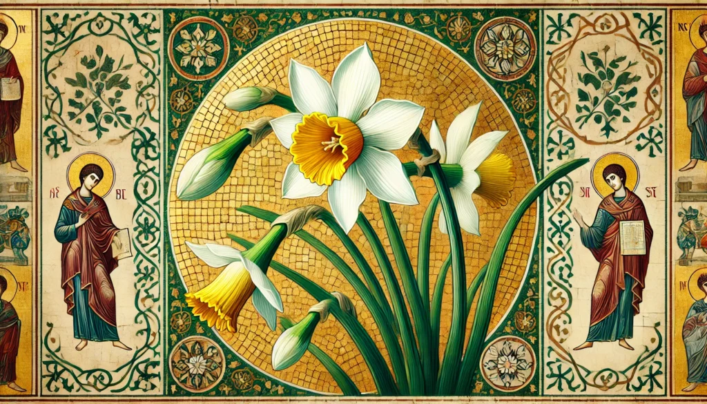 Byzantine art style illustration of a daffodil plant with trumpet-shaped flowers and long, slender leaves against an intricate mosaic background.