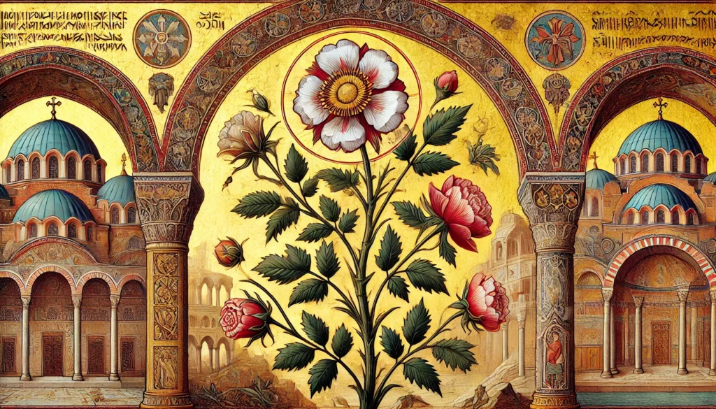 Byzantine Art Style Illustration of an Easter Rose Plant