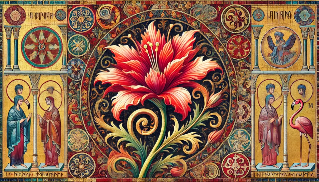 Flamingo Flower depicted in Byzantine art style, with intricate details and a rich color palette
