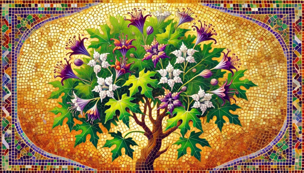 Byzantine-style illustration of a Franciscan Rain Tree with green leaves and purple and white flowers