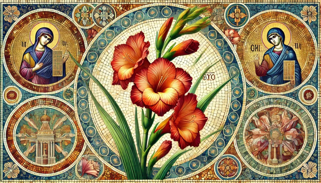 Gladiola depicted in Byzantine art style with intricate patterns.