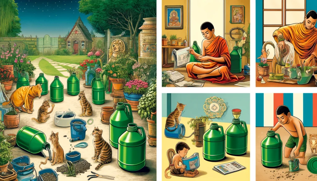 Classical Hindu-Buddhist Art style cartoon image depicting creative reuse of empty cat litter jugs.