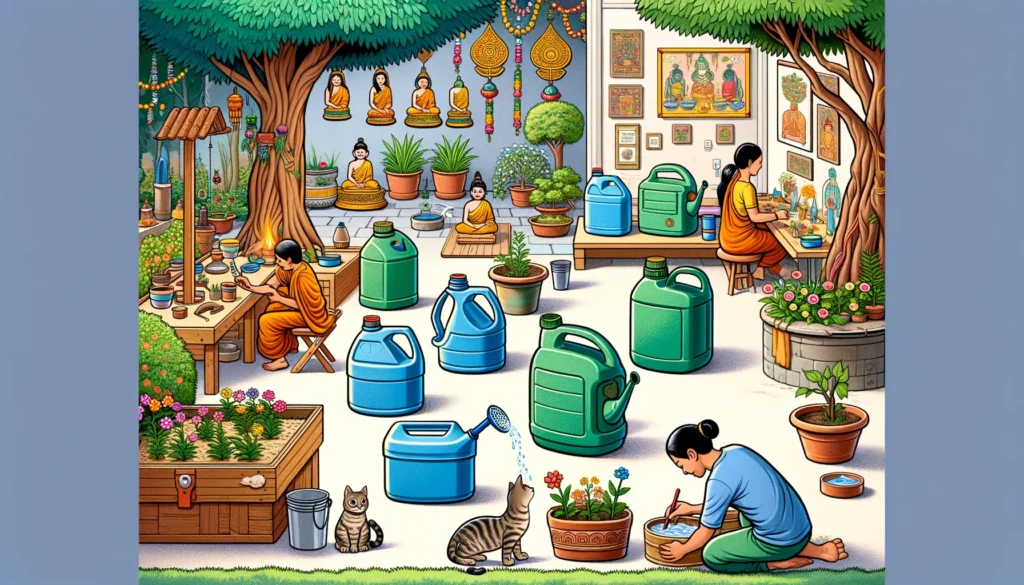 Classical Hindu-Buddhist Art style cartoon image depicting creative reuse of empty cat litter jugs.